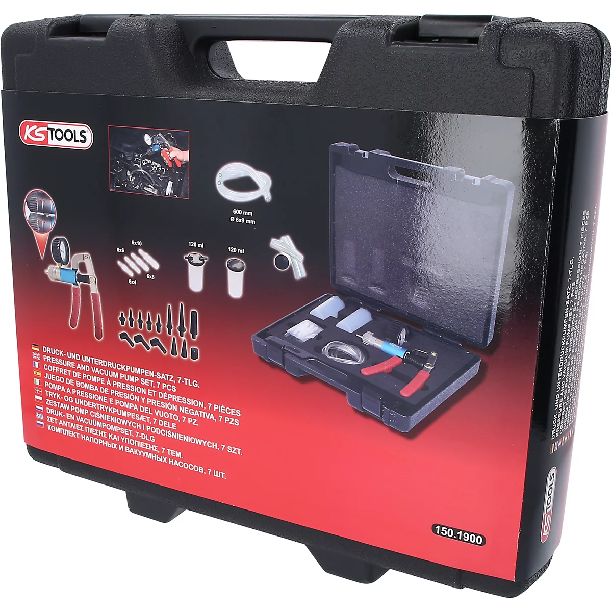 Schwarzer Werkzeugkoffer, geöffnet, mit verschiedenen Werkzeugen. Aufgedruckt ist das Logo "KS TOOLS". Der Koffer ist vor rotem Hintergrund abgebildet.